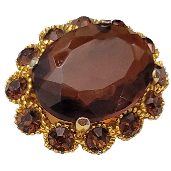 Gold Tone Rhinestone Flower Faceted Topaz Glass Trombone Clasp Cameo Brooch M755 - Picture 2 of 8